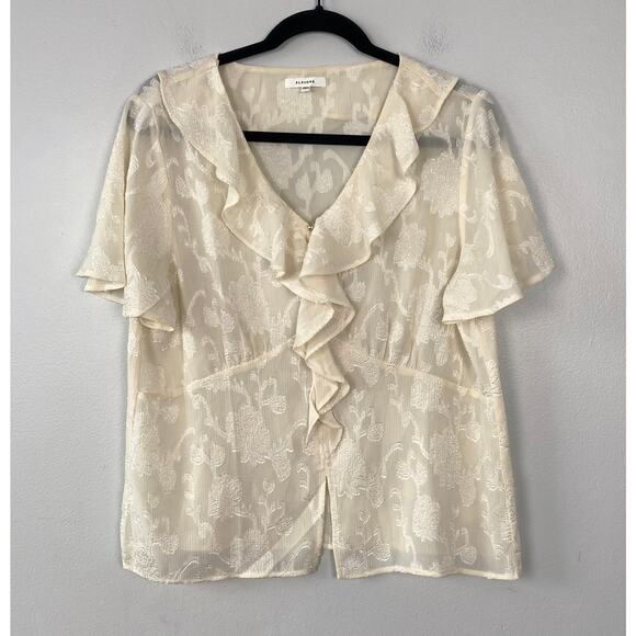 Pleione Cream Empire‎ Waist Blouse V-Neck Ruffle Front Textured Floral Size L - Picture 1 of 10